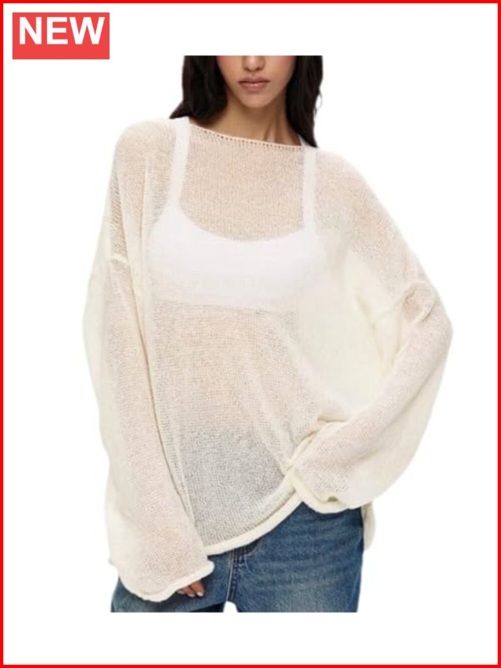 See Through Knit Pullover Sweater Lightweight Sheer Beach Top Long Sleeve